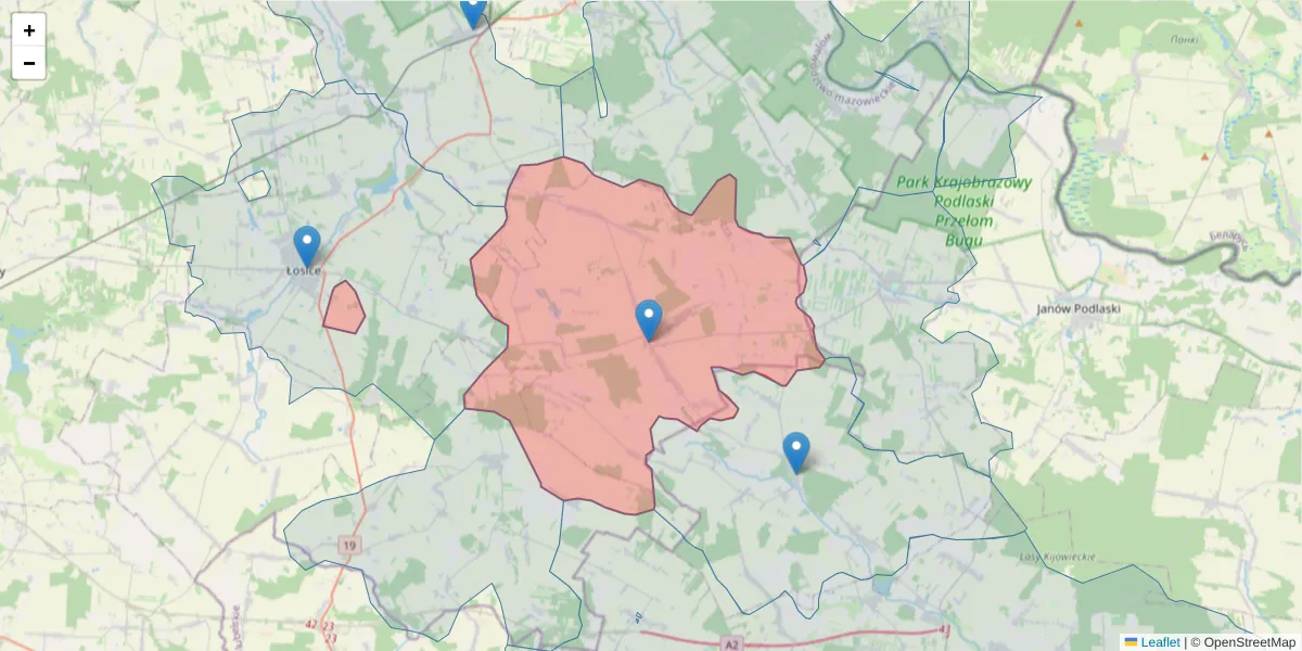 Szczegółowa mapa kodu pocztowego 08-205 z granicami, sąsiednimi kodami pocztowymi i urzędami pocztowymi