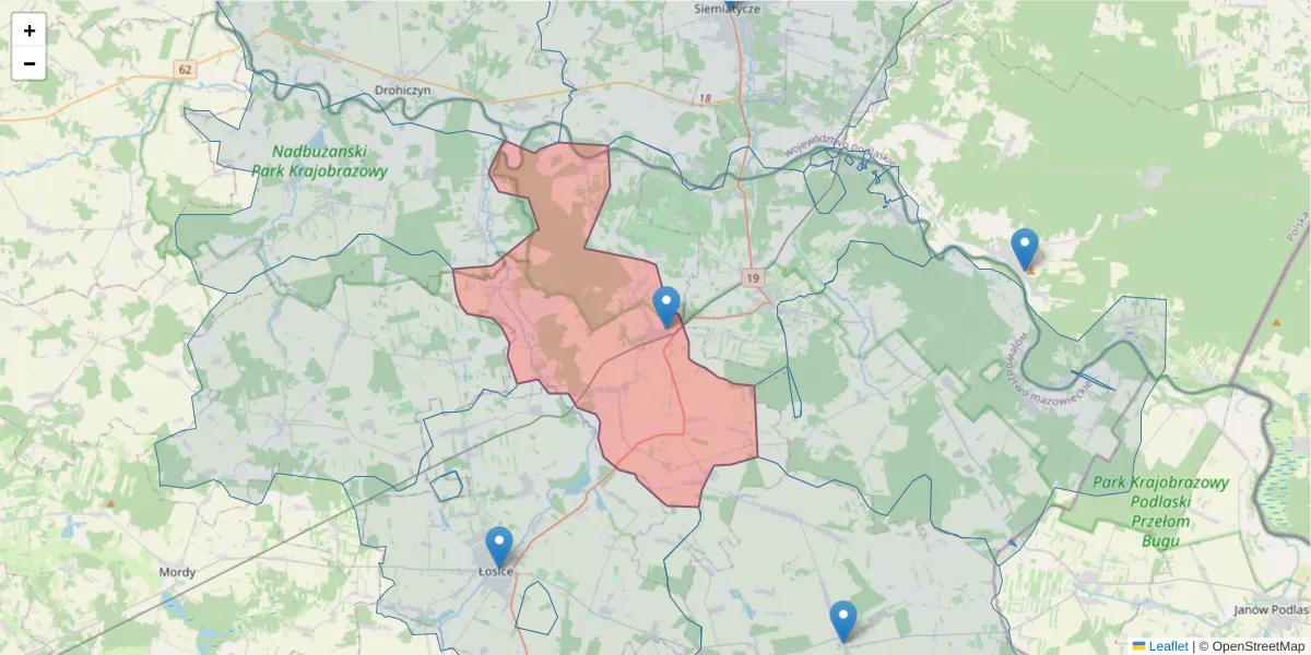Szczegółowa mapa kodu pocztowego 08-210 z granicami, sąsiednimi kodami pocztowymi i urzędami pocztowymi