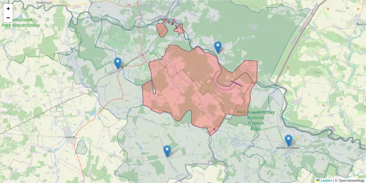 Szczegółowa mapa kodu pocztowego 08-221 z granicami, sąsiednimi kodami pocztowymi i urzędami pocztowymi