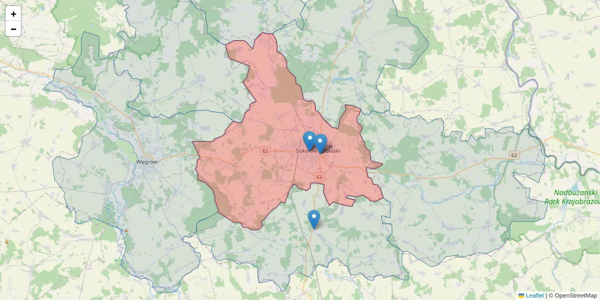 Szczegółowa mapa kodu pocztowego 08-300 z granicami, sąsiednimi kodami pocztowymi i urzędami pocztowymi