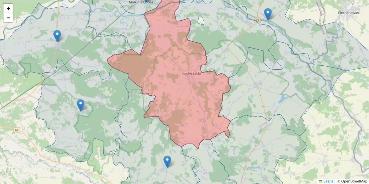 Szczegółowa mapa kodu pocztowego 08-330 z granicami, sąsiednimi kodami pocztowymi i urzędami pocztowymi