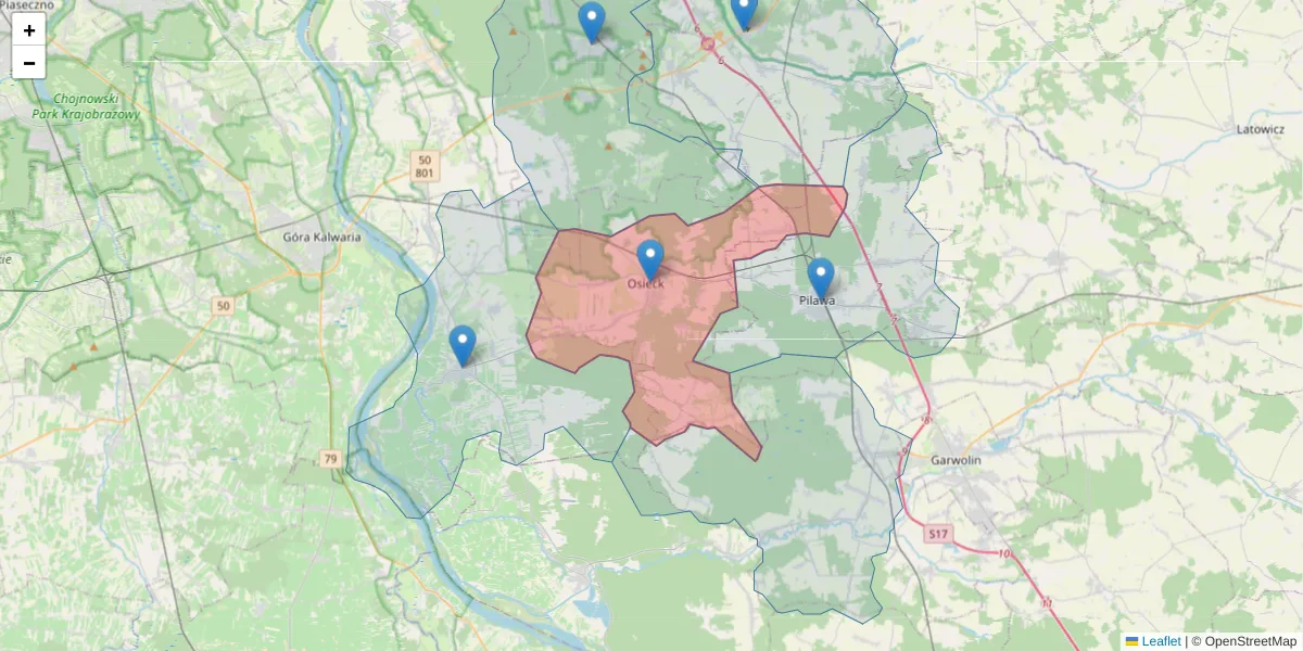 Szczegółowa mapa kodu pocztowego 08-445 z granicami, sąsiednimi kodami pocztowymi i urzędami pocztowymi