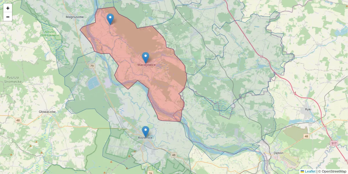 Szczegółowa mapa kodu pocztowego 08-480 z granicami, sąsiednimi kodami pocztowymi i urzędami pocztowymi