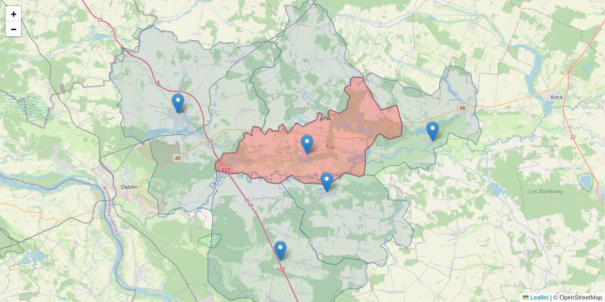 Szczegółowa mapa kodu pocztowego 08-504 z granicami, sąsiednimi kodami pocztowymi i urzędami pocztowymi