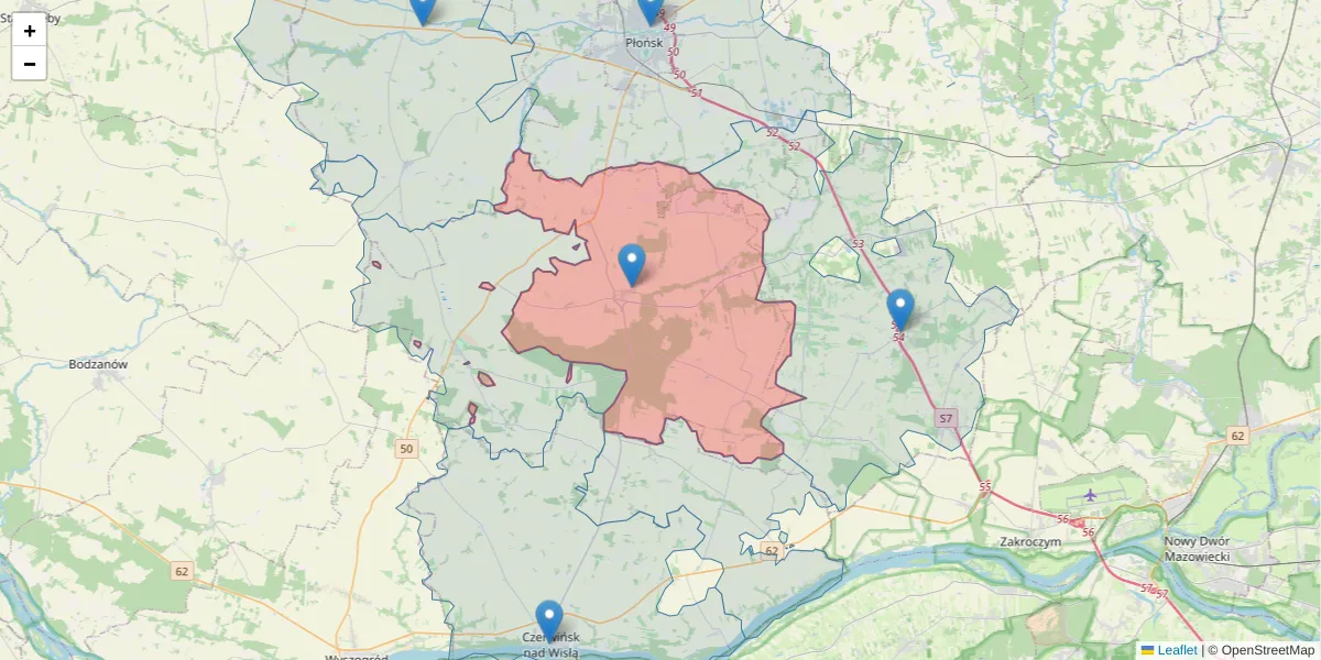 Szczegółowa mapa kodu pocztowego 09-152 z granicami, sąsiednimi kodami pocztowymi i urzędami pocztowymi