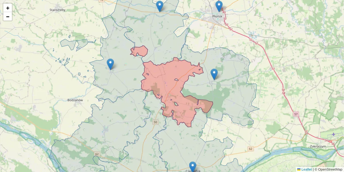 Szczegółowa mapa kodu pocztowego 09-162 z granicami, sąsiednimi kodami pocztowymi i urzędami pocztowymi