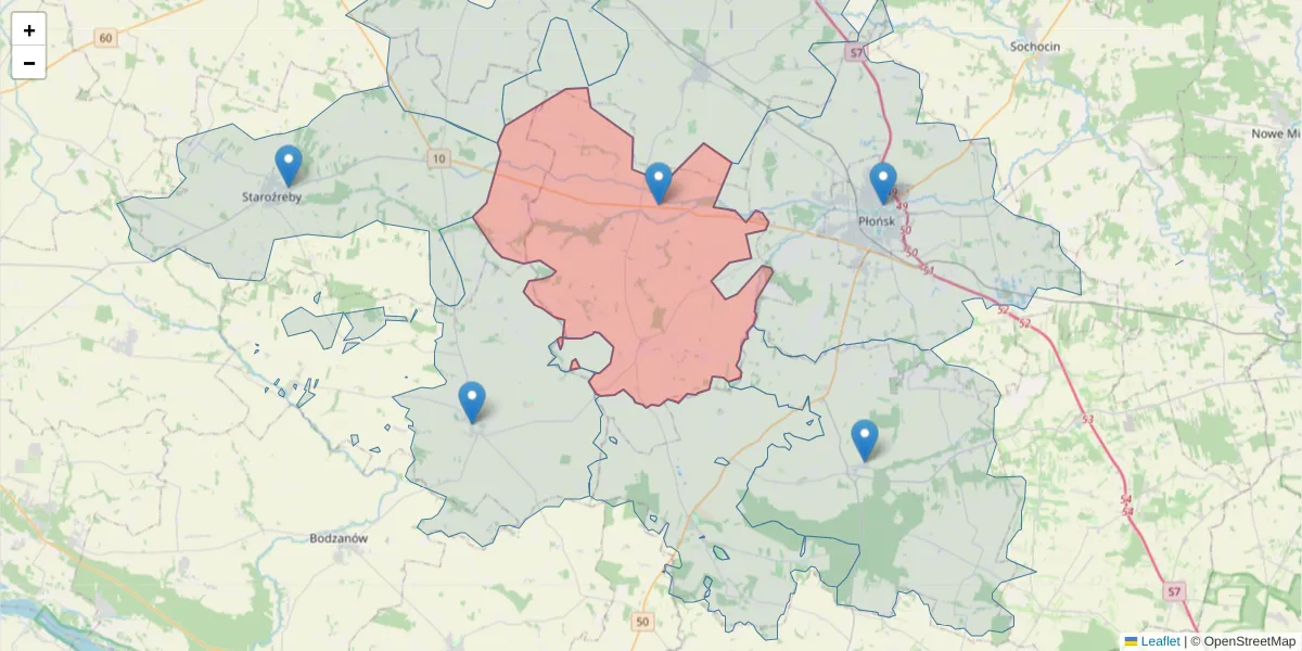 Szczegółowa mapa kodu pocztowego 09-164 z granicami, sąsiednimi kodami pocztowymi i urzędami pocztowymi