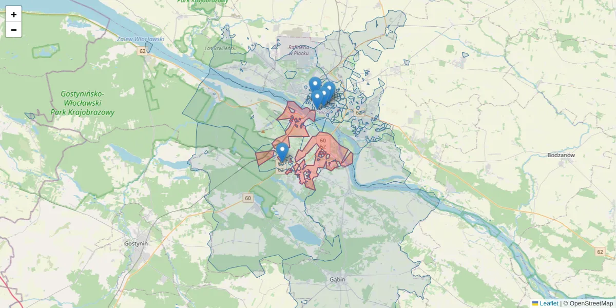 Szczegółowa mapa kodu pocztowego 09-401 z granicami, sąsiednimi kodami pocztowymi i urzędami pocztowymi