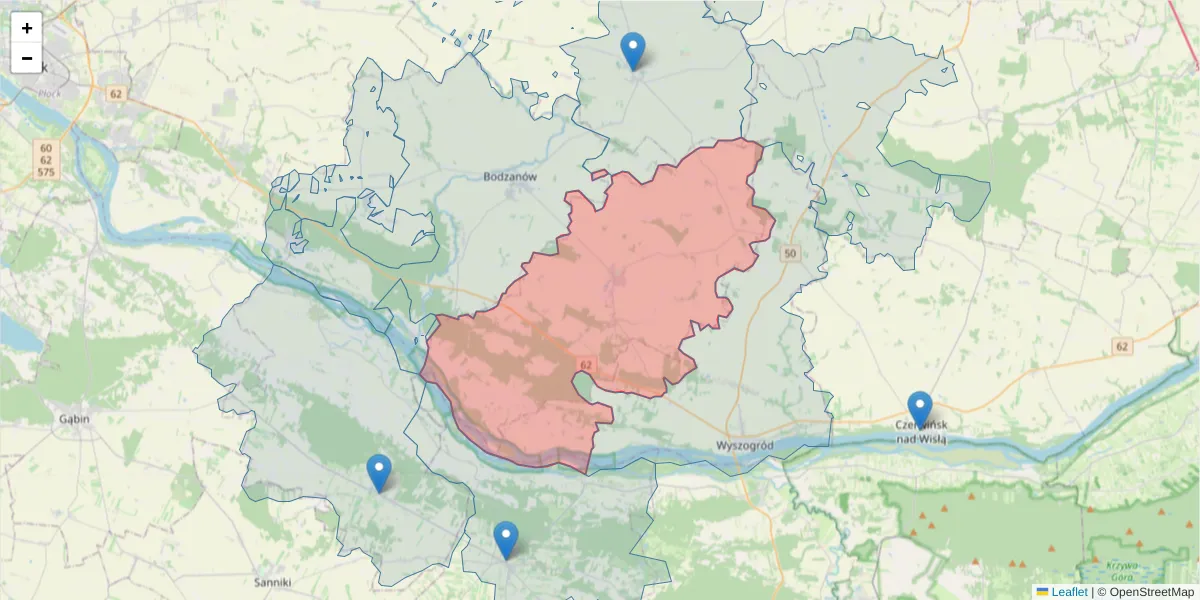Szczegółowa mapa kodu pocztowego 09-460 z granicami, sąsiednimi kodami pocztowymi i urzędami pocztowymi