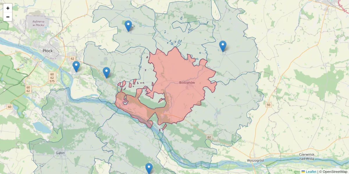 Szczegółowa mapa kodu pocztowego 09-470 z granicami, sąsiednimi kodami pocztowymi i urzędami pocztowymi