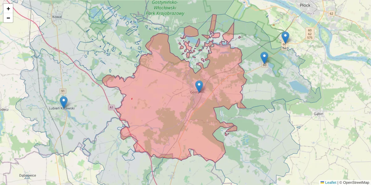 Szczegółowa mapa kodu pocztowego 09-500 z granicami, sąsiednimi kodami pocztowymi i urzędami pocztowymi