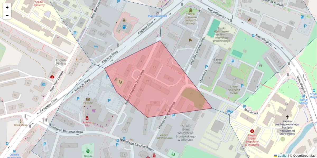 Szczegółowa mapa kodu pocztowego 10-010 z granicami, sąsiednimi kodami pocztowymi i urzędami pocztowymi