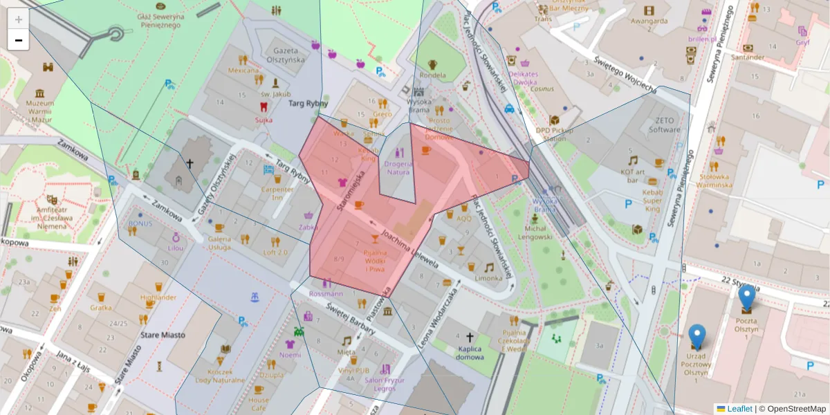 Szczegółowa mapa kodu pocztowego 10-018 z granicami, sąsiednimi kodami pocztowymi i urzędami pocztowymi