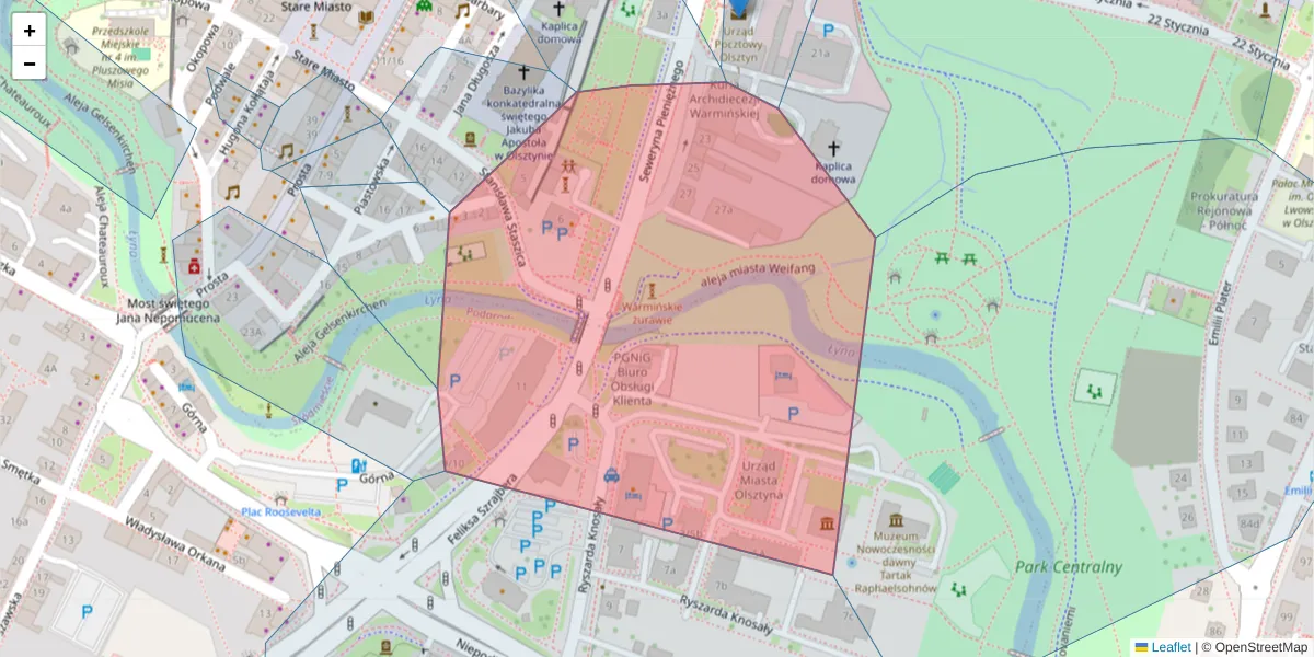 Szczegółowa mapa kodu pocztowego 10-025 z granicami, sąsiednimi kodami pocztowymi i urzędami pocztowymi