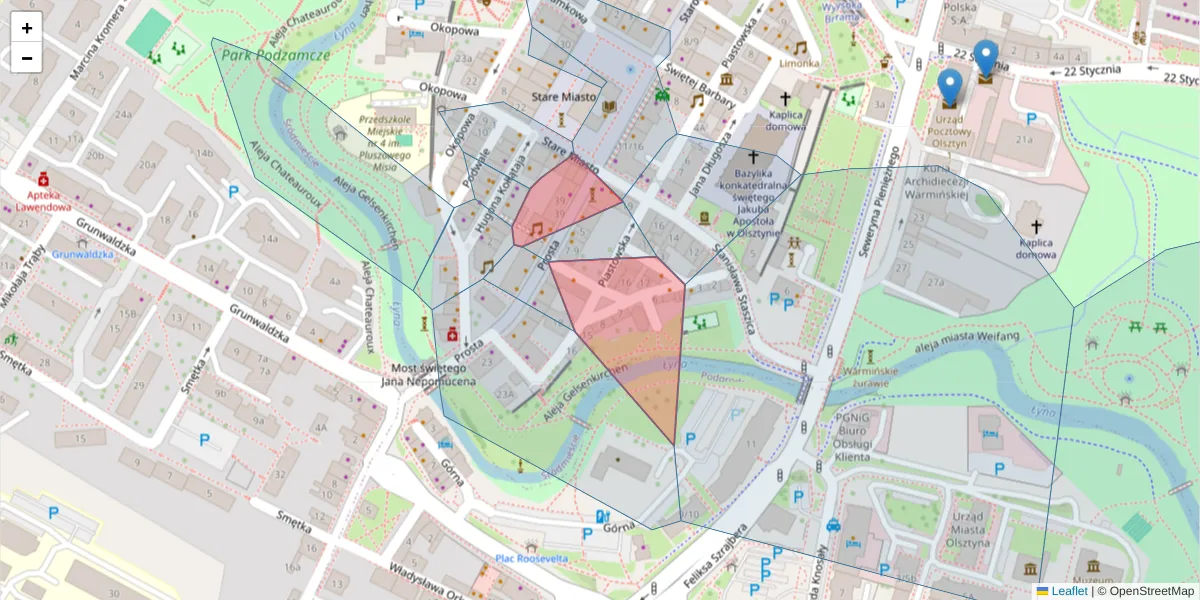 Szczegółowa mapa kodu pocztowego 10-028 z granicami, sąsiednimi kodami pocztowymi i urzędami pocztowymi