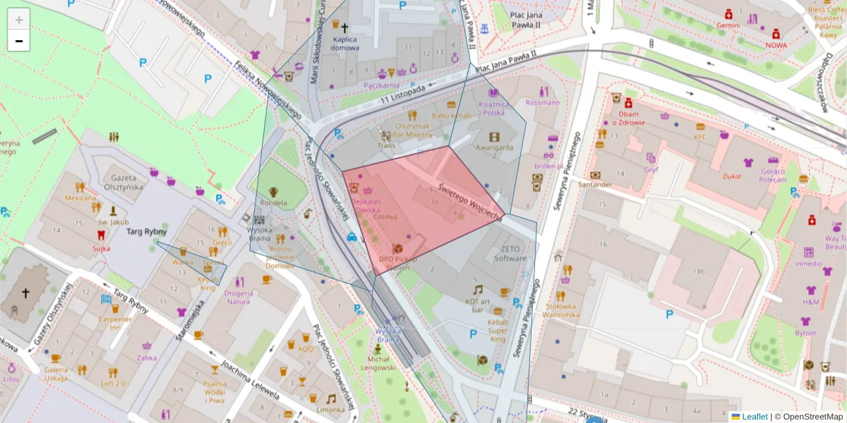 Szczegółowa mapa kodu pocztowego 10-038 z granicami, sąsiednimi kodami pocztowymi i urzędami pocztowymi