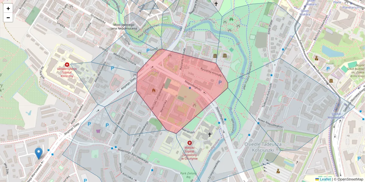 Szczegółowa mapa kodu pocztowego 10-045 z granicami, sąsiednimi kodami pocztowymi i urzędami pocztowymi
