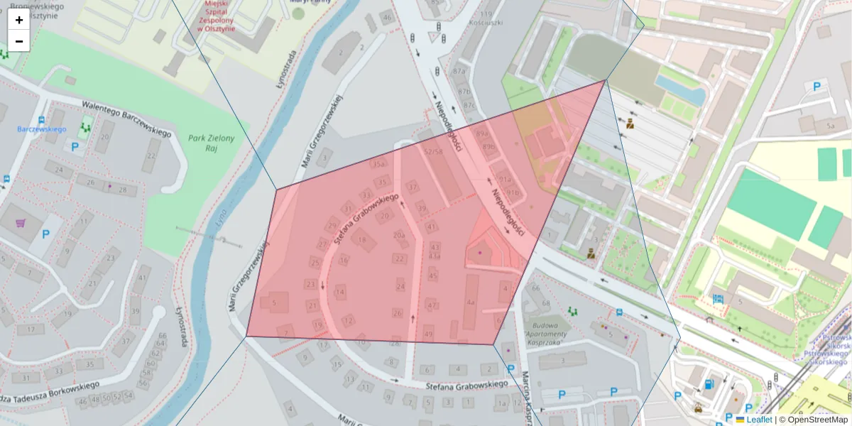 Szczegółowa mapa kodu pocztowego 10-056 z granicami, sąsiednimi kodami pocztowymi i urzędami pocztowymi