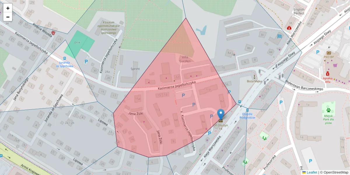 Szczegółowa mapa kodu pocztowego 10-070 z granicami, sąsiednimi kodami pocztowymi i urzędami pocztowymi