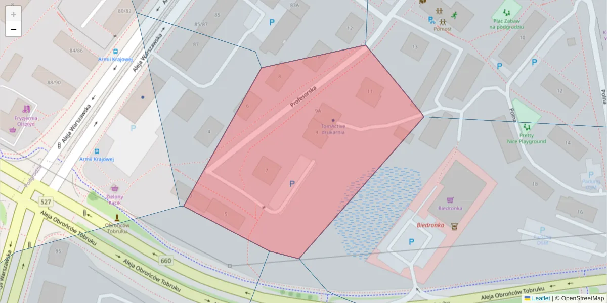 Szczegółowa mapa kodu pocztowego 10-080 z granicami, sąsiednimi kodami pocztowymi i urzędami pocztowymi