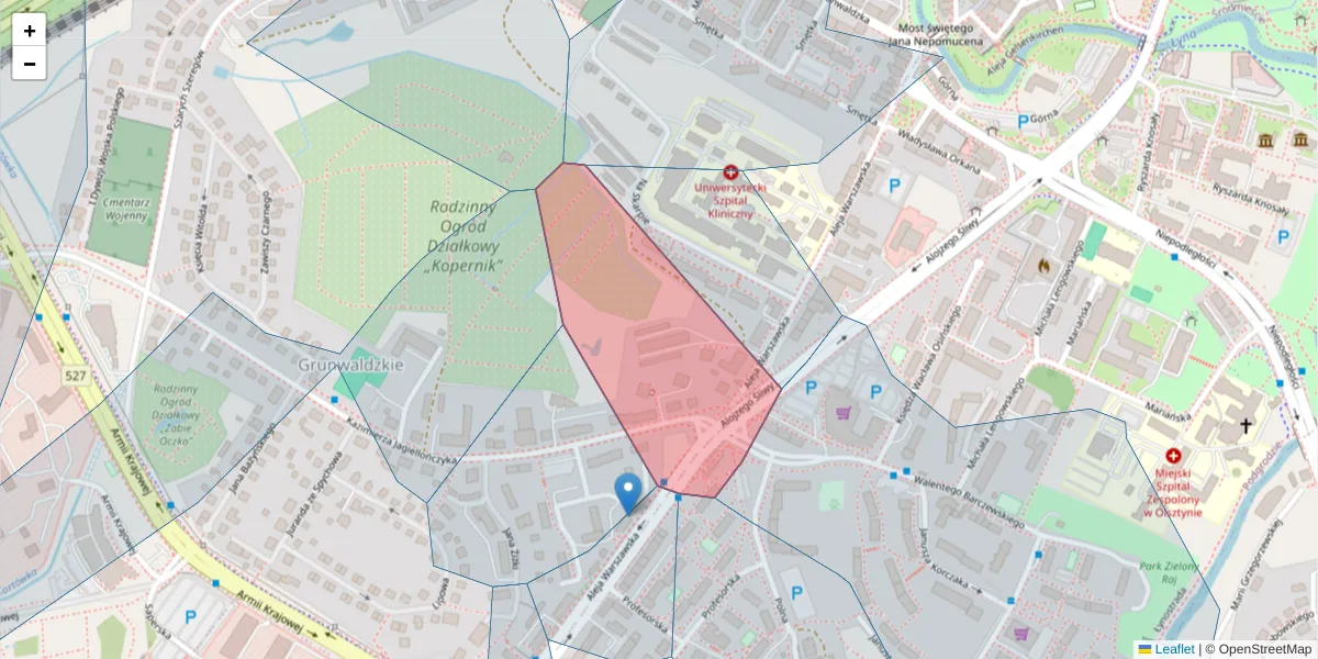 Szczegółowa mapa kodu pocztowego 10-084 z granicami, sąsiednimi kodami pocztowymi i urzędami pocztowymi