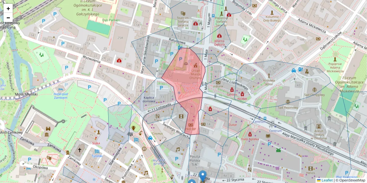 Szczegółowa mapa kodu pocztowego 10-101 z granicami, sąsiednimi kodami pocztowymi i urzędami pocztowymi