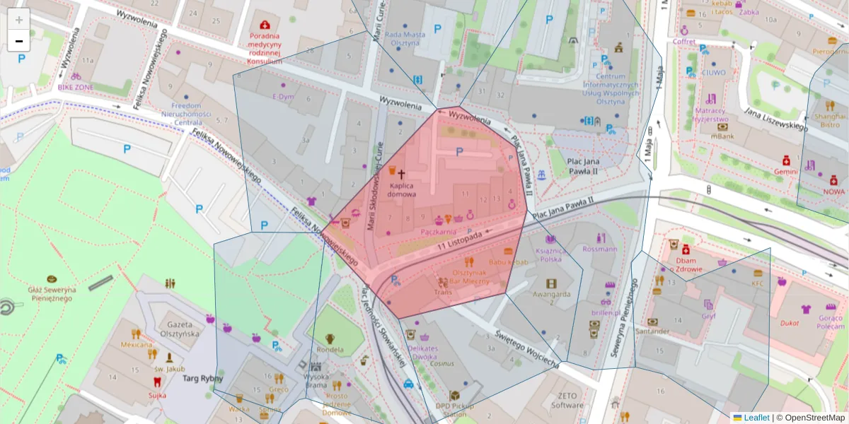 Szczegółowa mapa kodu pocztowego 10-104 z granicami, sąsiednimi kodami pocztowymi i urzędami pocztowymi