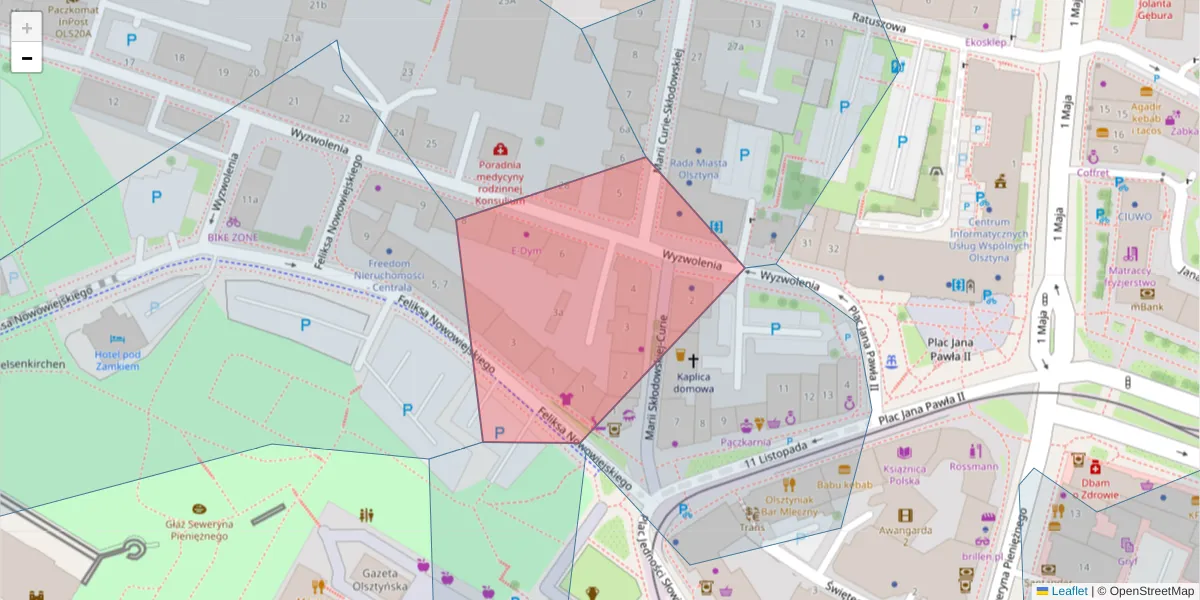 Szczegółowa mapa kodu pocztowego 10-106 z granicami, sąsiednimi kodami pocztowymi i urzędami pocztowymi