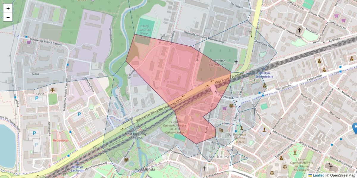 Szczegółowa mapa kodu pocztowego 10-110 z granicami, sąsiednimi kodami pocztowymi i urzędami pocztowymi