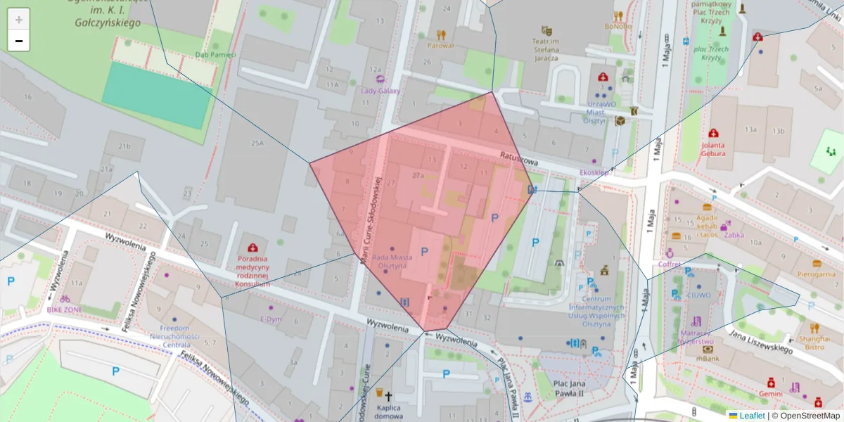 Szczegółowa mapa kodu pocztowego 10-111 z granicami, sąsiednimi kodami pocztowymi i urzędami pocztowymi