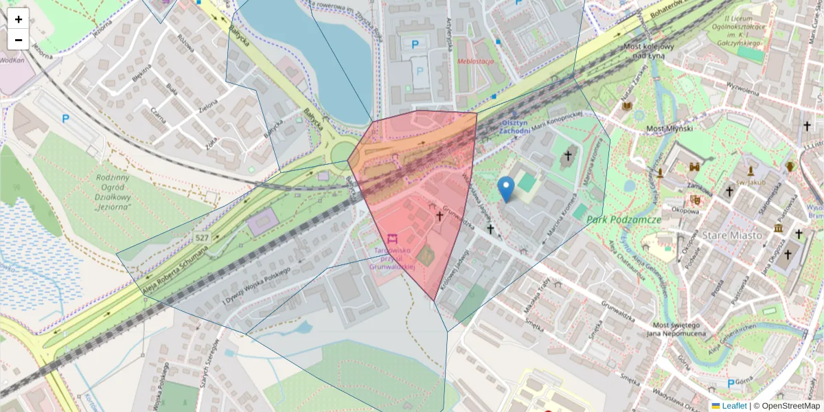 Szczegółowa mapa kodu pocztowego 10-126 z granicami, sąsiednimi kodami pocztowymi i urzędami pocztowymi