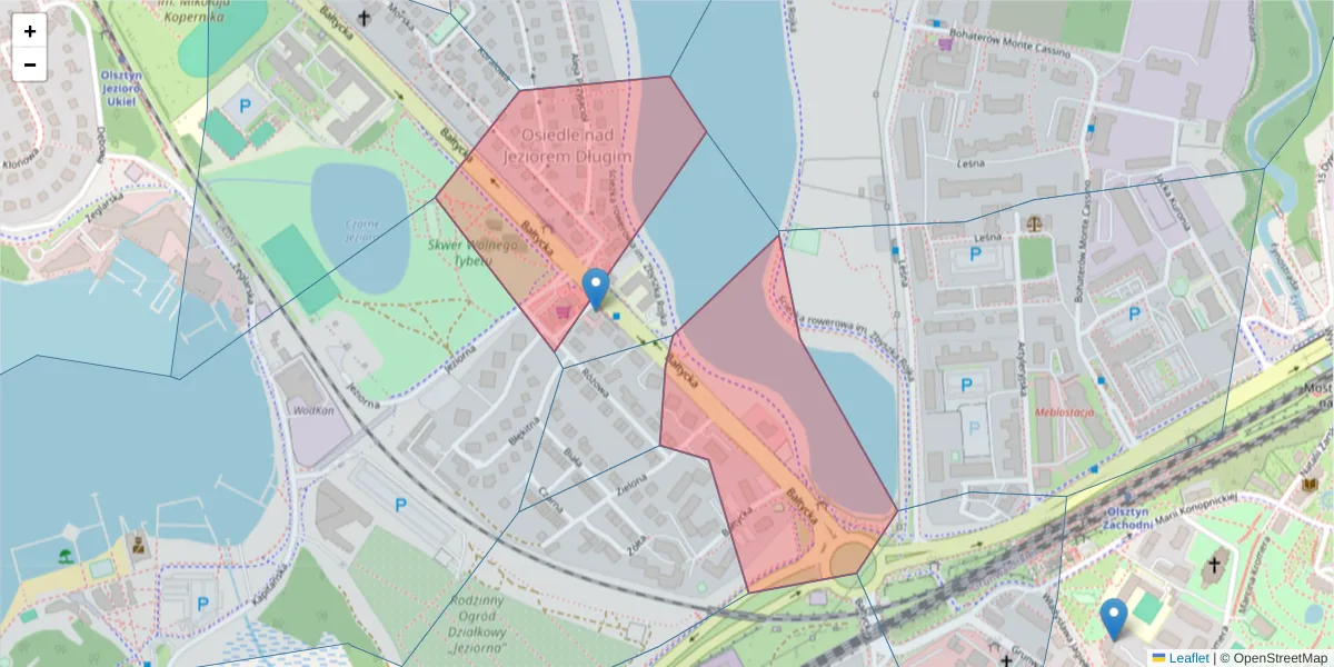 Szczegółowa mapa kodu pocztowego 10-135 z granicami, sąsiednimi kodami pocztowymi i urzędami pocztowymi