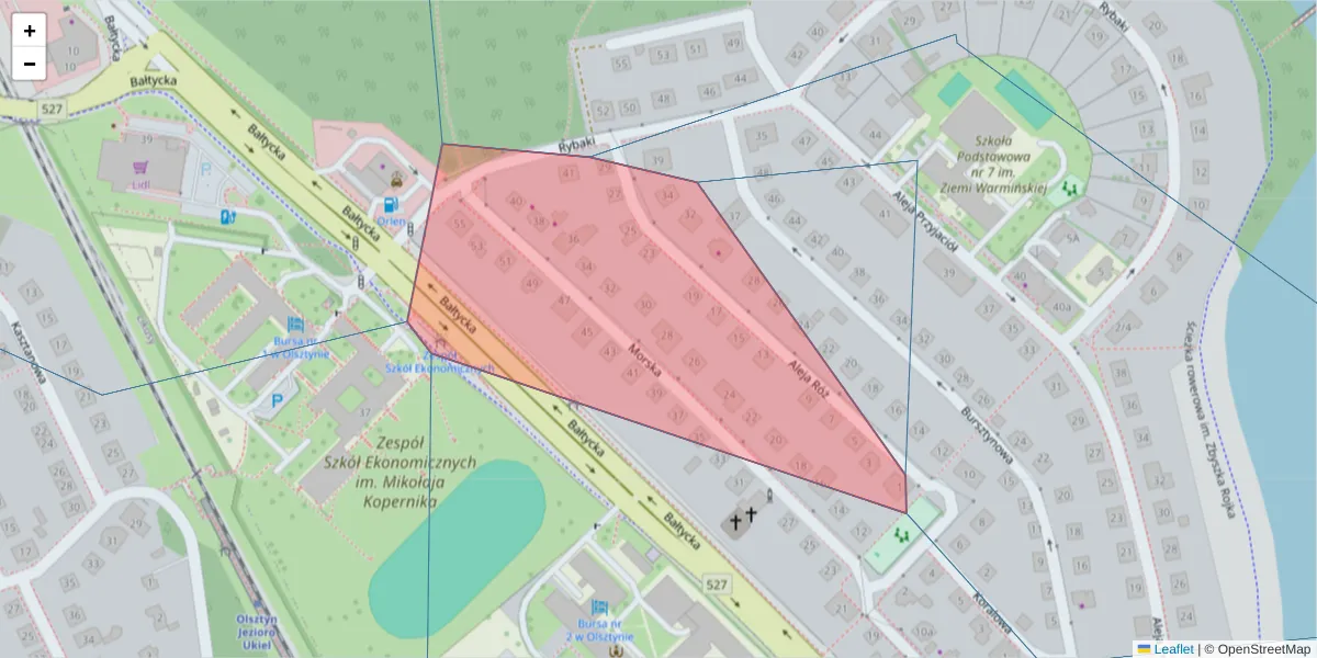 Szczegółowa mapa kodu pocztowego 10-151 z granicami, sąsiednimi kodami pocztowymi i urzędami pocztowymi