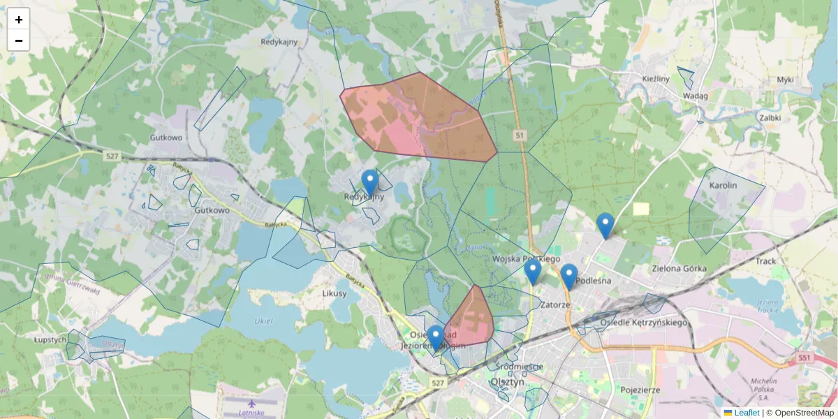 Szczegółowa mapa kodu pocztowego 10-173 z granicami, sąsiednimi kodami pocztowymi i urzędami pocztowymi