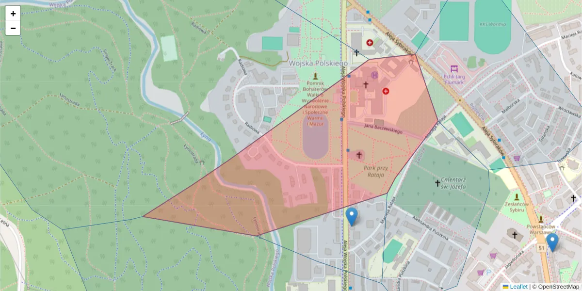Szczegółowa mapa kodu pocztowego 10-224 z granicami, sąsiednimi kodami pocztowymi i urzędami pocztowymi