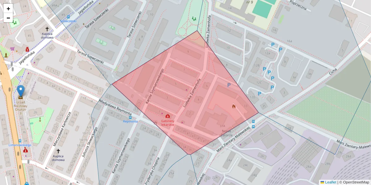 Szczegółowa mapa kodu pocztowego 10-279 z granicami, sąsiednimi kodami pocztowymi i urzędami pocztowymi