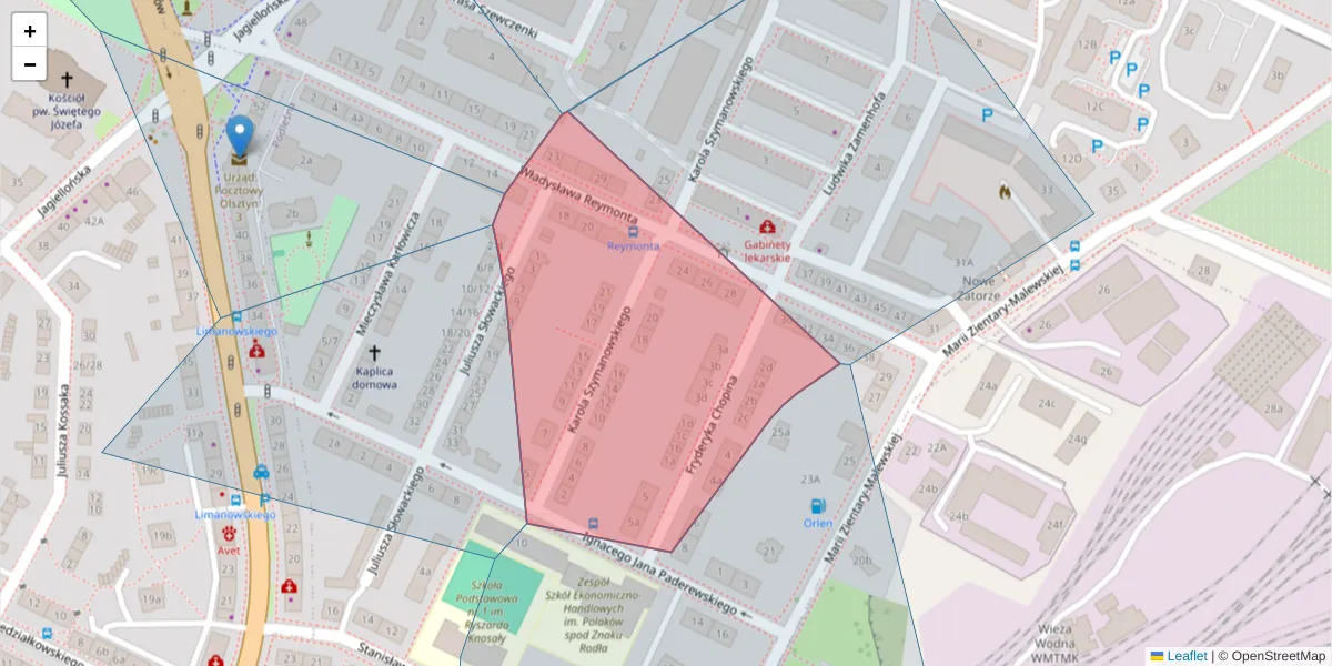Szczegółowa mapa kodu pocztowego 10-332 z granicami, sąsiednimi kodami pocztowymi i urzędami pocztowymi