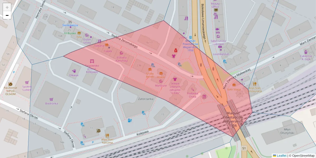 Szczegółowa mapa kodu pocztowego 10-354 z granicami, sąsiednimi kodami pocztowymi i urzędami pocztowymi