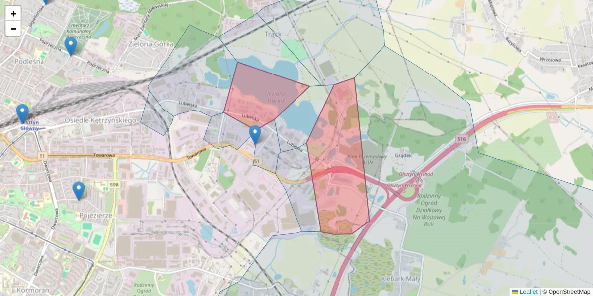 Szczegółowa mapa kodu pocztowego 10-410 z granicami, sąsiednimi kodami pocztowymi i urzędami pocztowymi
