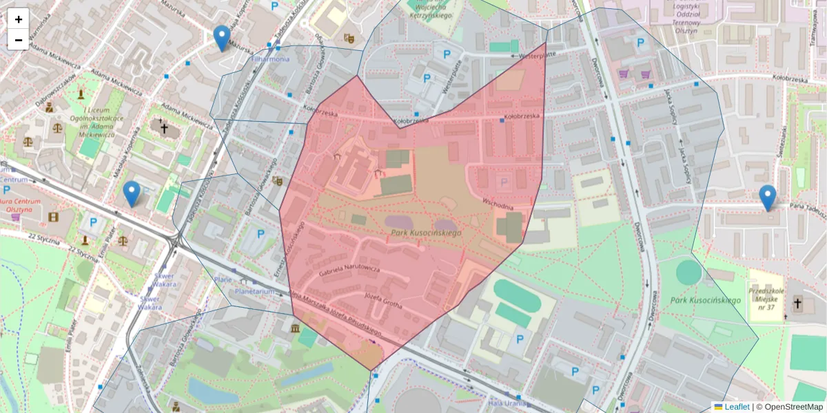 Szczegółowa mapa kodu pocztowego 10-444 z granicami, sąsiednimi kodami pocztowymi i urzędami pocztowymi