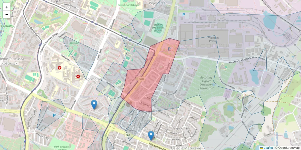 Szczegółowa mapa kodu pocztowego 10-457 z granicami, sąsiednimi kodami pocztowymi i urzędami pocztowymi