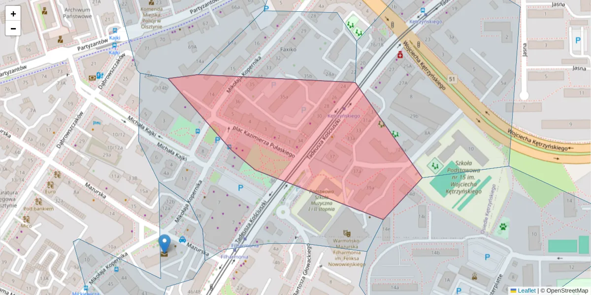 Szczegółowa mapa kodu pocztowego 10-515 z granicami, sąsiednimi kodami pocztowymi i urzędami pocztowymi
