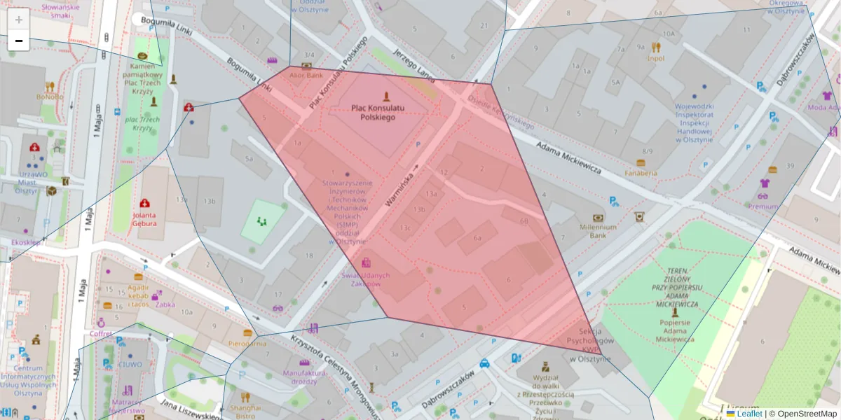 Szczegółowa mapa kodu pocztowego 10-532 z granicami, sąsiednimi kodami pocztowymi i urzędami pocztowymi