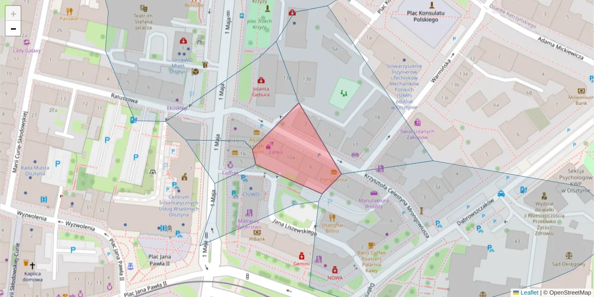 Szczegółowa mapa kodu pocztowego 10-537 z granicami, sąsiednimi kodami pocztowymi i urzędami pocztowymi