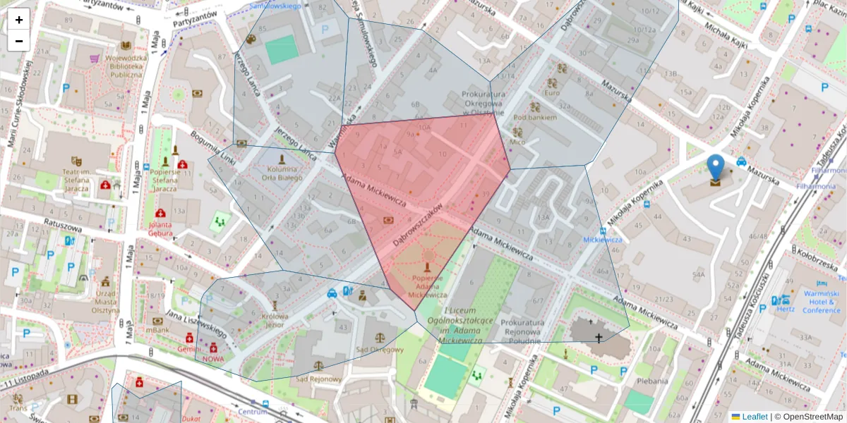 Szczegółowa mapa kodu pocztowego 10-539 z granicami, sąsiednimi kodami pocztowymi i urzędami pocztowymi