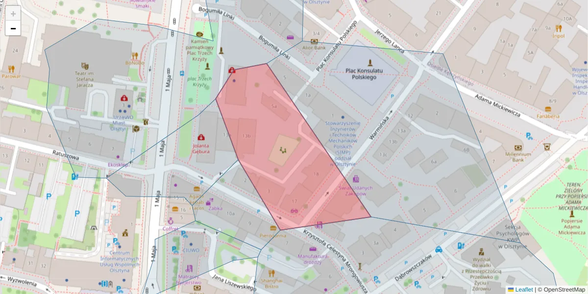 Szczegółowa mapa kodu pocztowego 10-545 z granicami, sąsiednimi kodami pocztowymi i urzędami pocztowymi