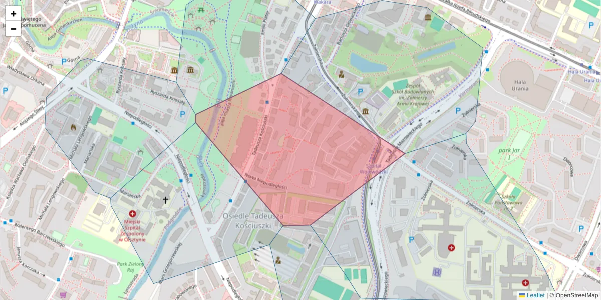 Szczegółowa mapa kodu pocztowego 10-559 z granicami, sąsiednimi kodami pocztowymi i urzędami pocztowymi