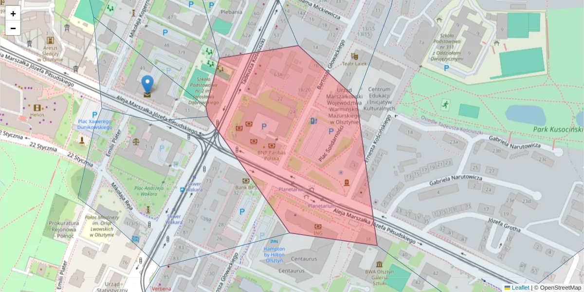Szczegółowa mapa kodu pocztowego 10-587 z granicami, sąsiednimi kodami pocztowymi i urzędami pocztowymi