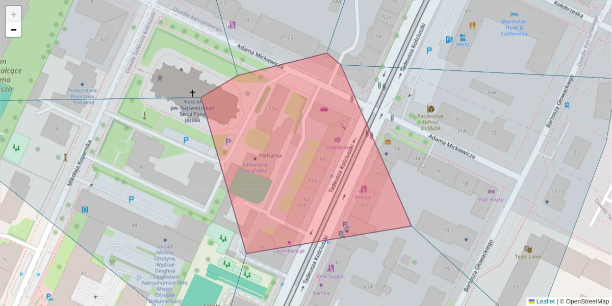 Szczegółowa mapa kodu pocztowego 10-588 z granicami, sąsiednimi kodami pocztowymi i urzędami pocztowymi