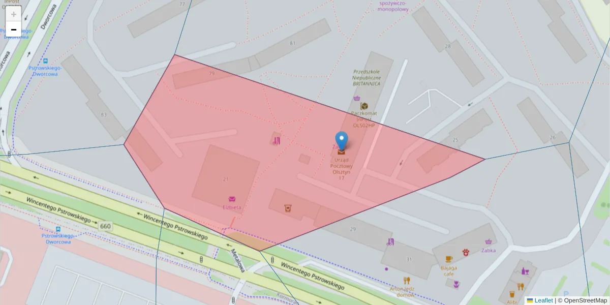 Szczegółowa mapa kodu pocztowego 10-601 z granicami, sąsiednimi kodami pocztowymi i urzędami pocztowymi